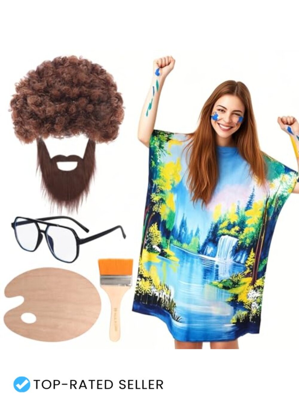 80s Painter Halloween Couple Costume Set Artist Tunic Wig Beard Palette Cosplay
